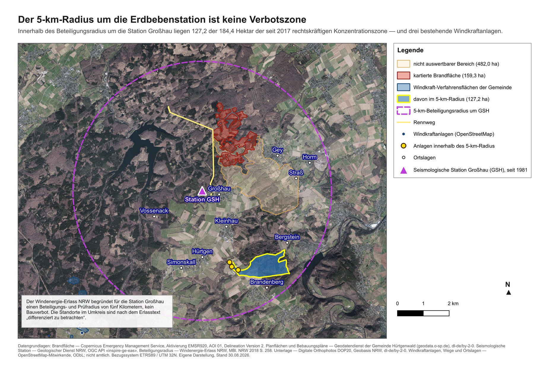 Luftbildkarte mit dem Fünf-Kilometer-Radius um die Erdbebenstation Großhau, der darin liegenden Konzentrationszone und drei Windkraftanlagen.