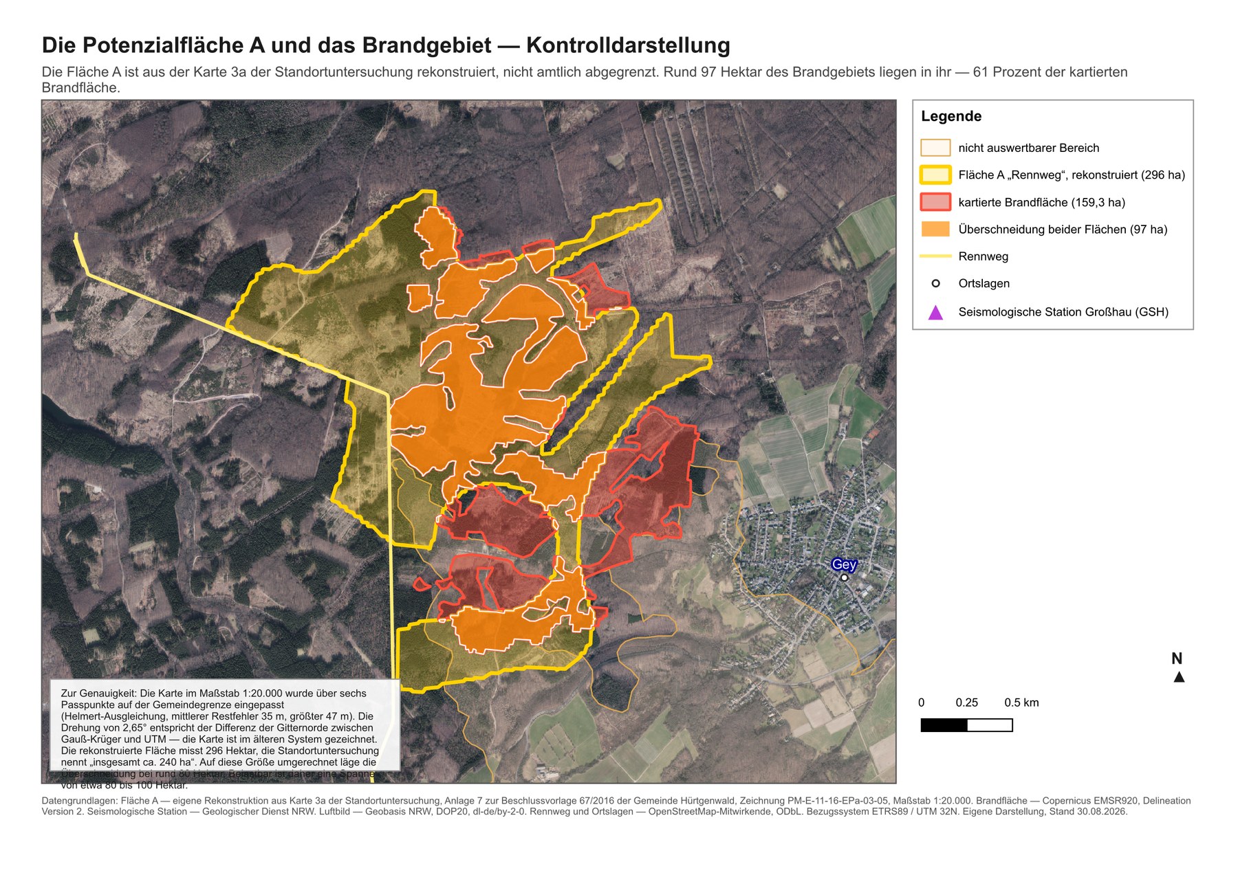 Luftbildkarte mit der rekonstruierten Potenzialfläche A, dem Brandgebiet und der orange dargestellten Schnittmenge beider Flächen.