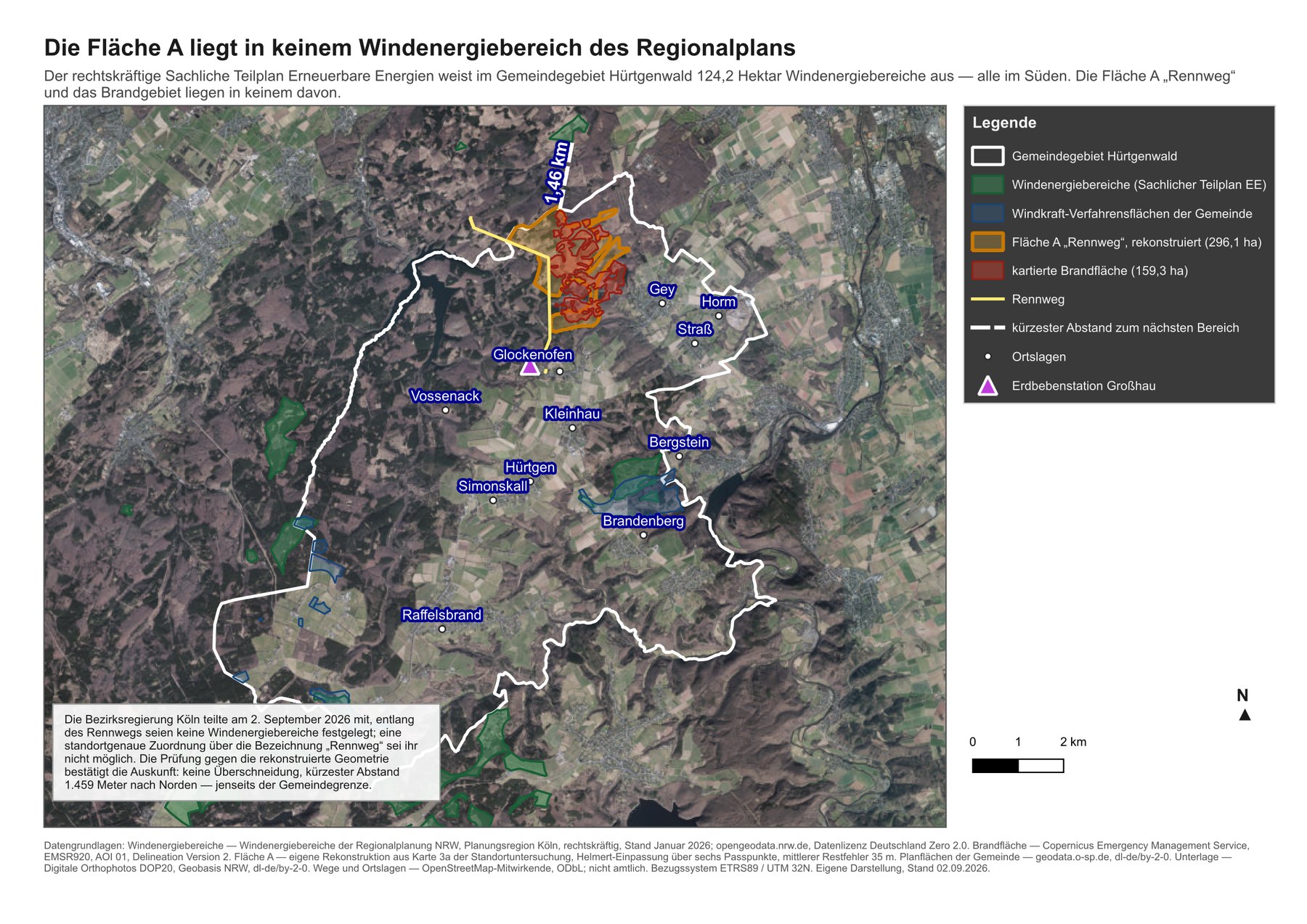 Luftbildkarte des Gemeindegebiets Hürtgenwald. Grün markiert sind die Windenergiebereiche des Sachlichen Teilplans Erneuerbare Energien, die alle im Süden liegen. Im Norden die orange umrandete Fläche A mit der roten Brandfläche, dazwischen eine gestrichelte Linie mit der Beschriftung 1,46 Kilometer.