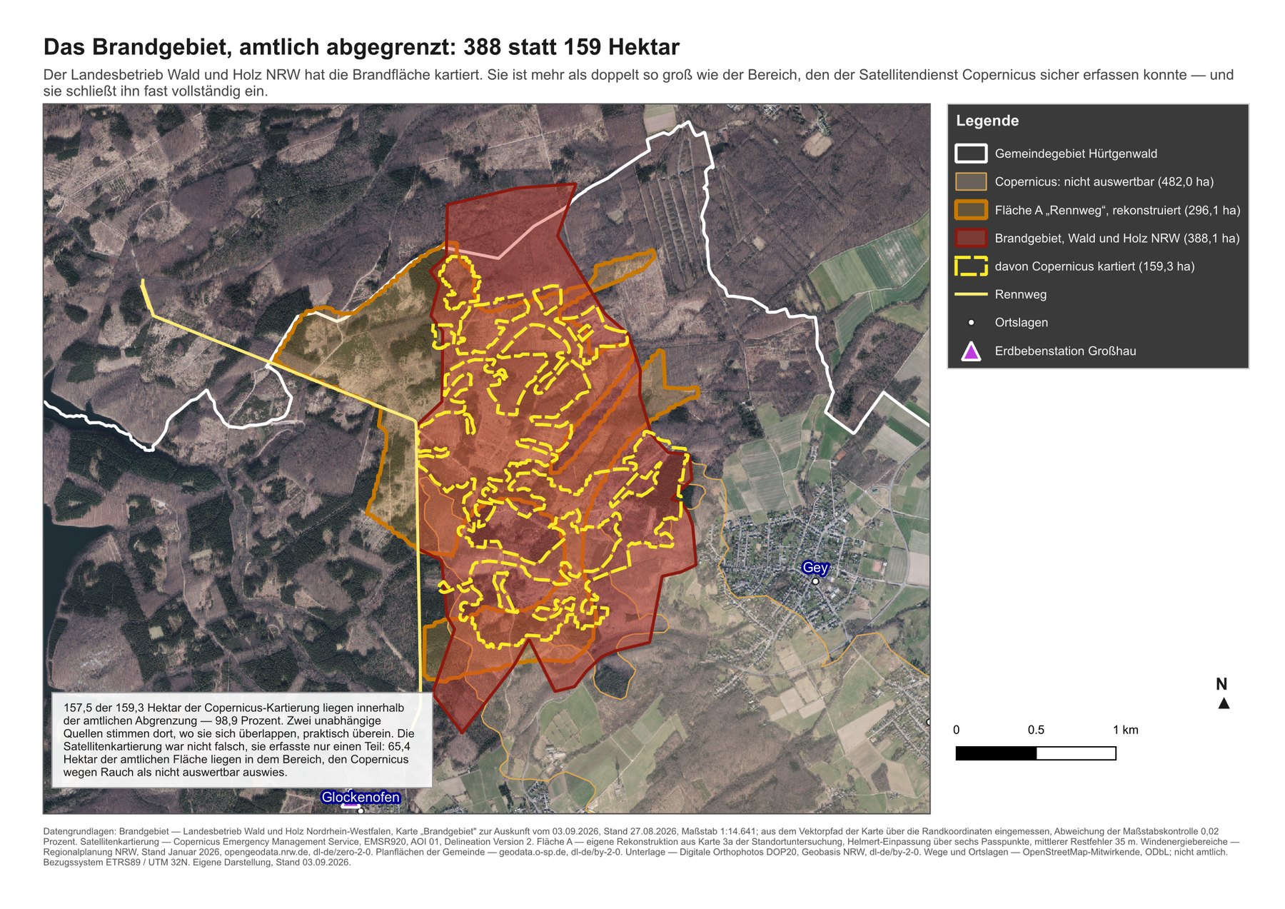 Luftbildkarte des Brandgebiets. Die amtliche Abgrenzung von Wald und Holz NRW ist rot gefüllt, der von Copernicus kartierte Teil als gestrichelter gelber Umriss darin eingezeichnet, die rekonstruierte Fläche A orange umrandet.