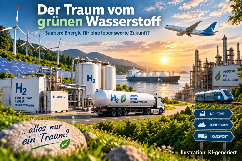 KI-Illustration: Windräder, Solarfelder, eine Elektrolyseanlage mit Wasserstofftanks, ein Tanklaster, ein Schiff, ein Zug und ein Flugzeug mit der Aufschrift H2. Schrift: Der Traum vom grünen Wasserstoff – Saubere Energie für eine lebenswerte Zukunft? … alles nur ein Traum?