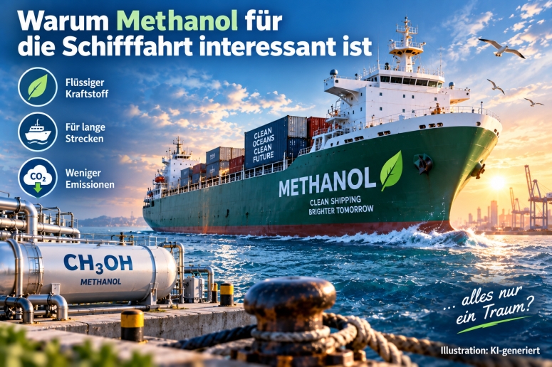 KI-Illustration: Ein Containerschiff mit der Aufschrift Methanol fährt aus einem Hafen, vorn ein Methanoltank (CH3OH). Schrift: Warum Methanol für die Schifffahrt interessant ist – flüssiger Kraftstoff, für lange Strecken, weniger Emissionen.