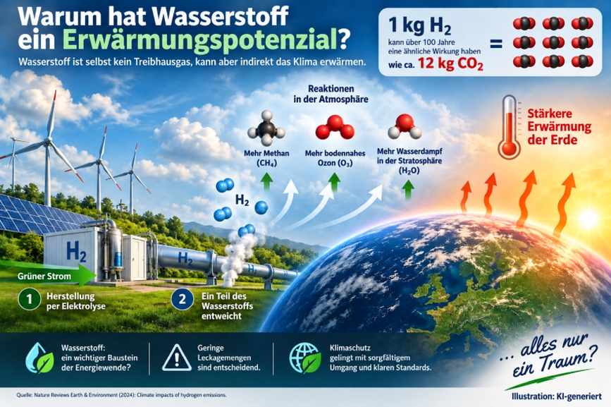 KI-Infografik: Warum hat Wasserstoff ein Erwärmungspotenzial? Entweichender Wasserstoff führt zu mehr Methan, mehr bodennahem Ozon und mehr Wasserdampf in der Stratosphäre; 1 kg H2 kann über 100 Jahre ähnlich wirken wie etwa 12 kg CO2.