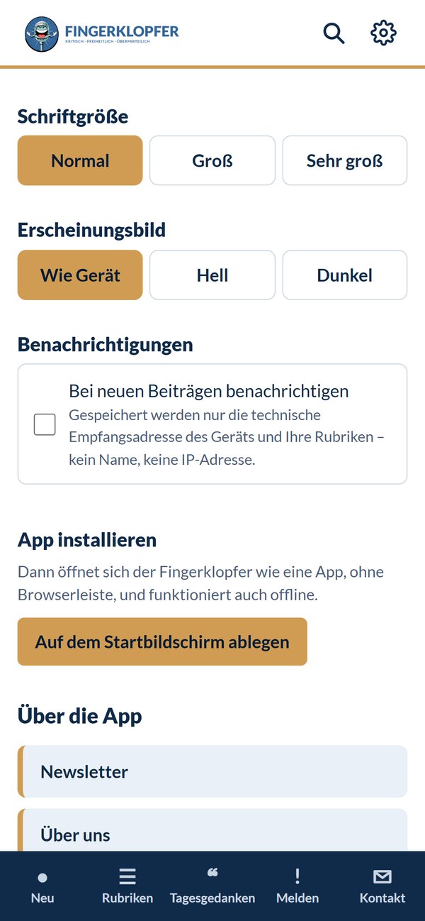 Einstellungen der App mit Schriftgröße, Erscheinungsbild, Benachrichtigungen bei neuen Beiträgen und dem Knopf Auf dem Startbildschirm ablegen.