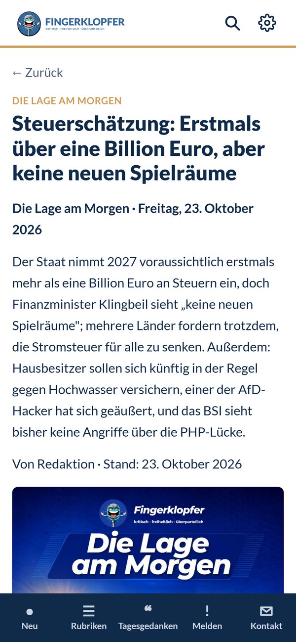 Leseansicht der App mit dem Beitrag Steuerschätzung: Erstmals über eine Billion Euro, aber keine neuen Spielräume.