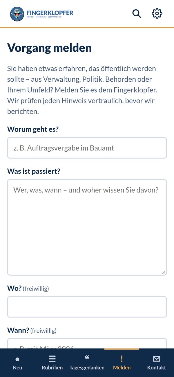 Formular Vorgang melden mit den Feldern Worum geht es, Was ist passiert, Wo und Wann.