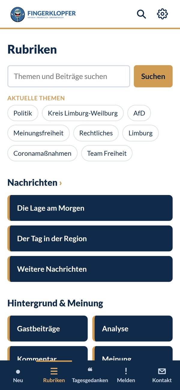Rubrikenseite der App mit Suchfeld, aktuellen Themen wie Politik und Kreis Limburg-Weilburg und Schaltflächen für Die Lage am Morgen, Der Tag in der Region und weitere Rubriken.