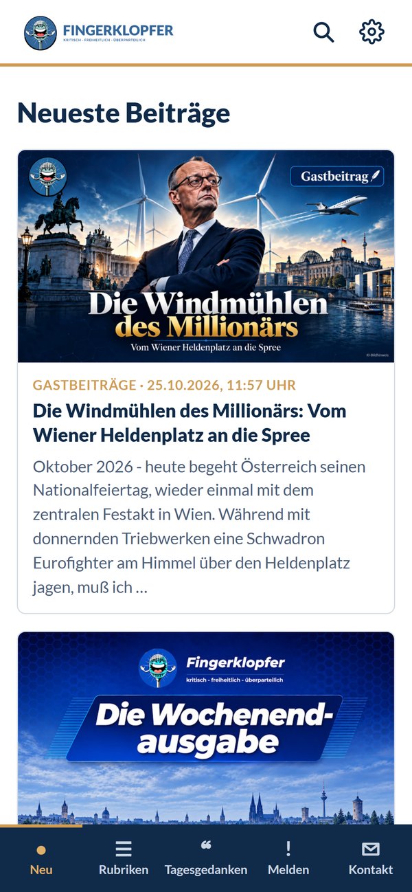 Startseite der App: die neuesten Beiträge als Karten mit Bild, Rubrik und Uhrzeit, unten eine Leiste mit Neu, Rubriken, Tagesgedanken, Melden und Kontakt.