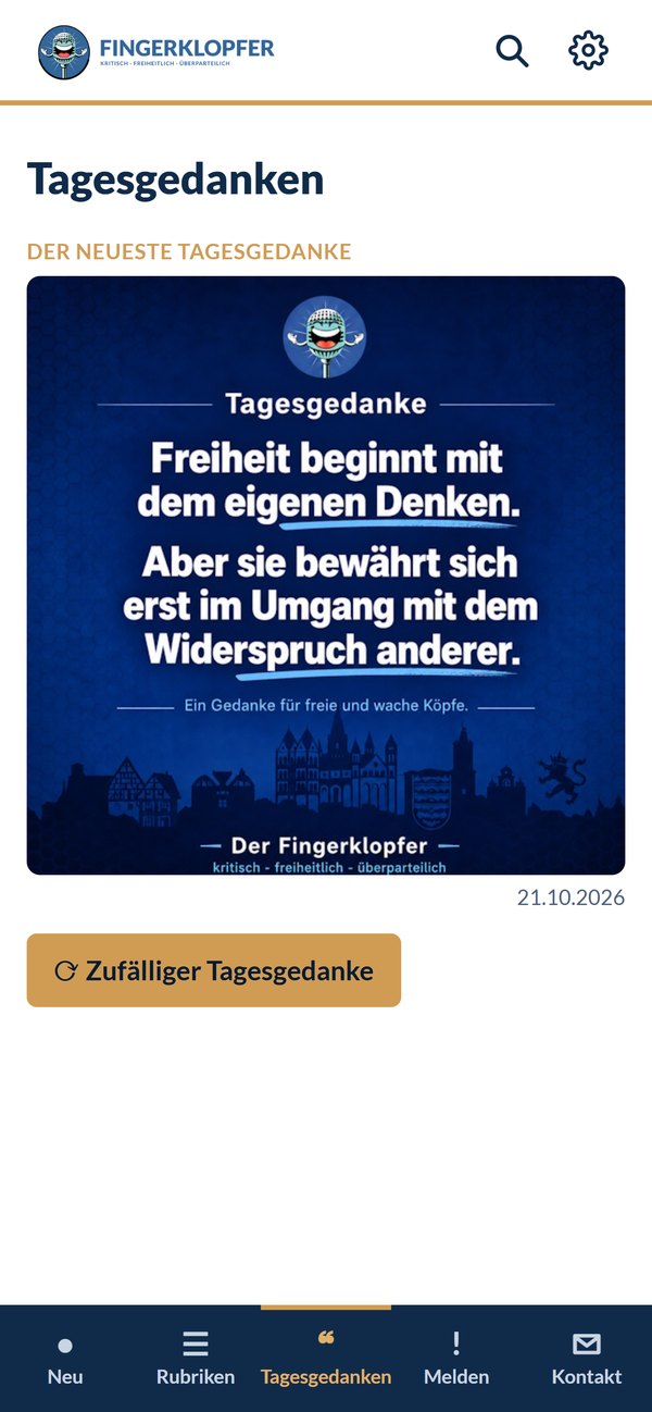 Tagesgedanken in der App: der neueste Tagesgedanke vom 21. Oktober 2026 und ein Knopf für einen zufälligen Tagesgedanken.