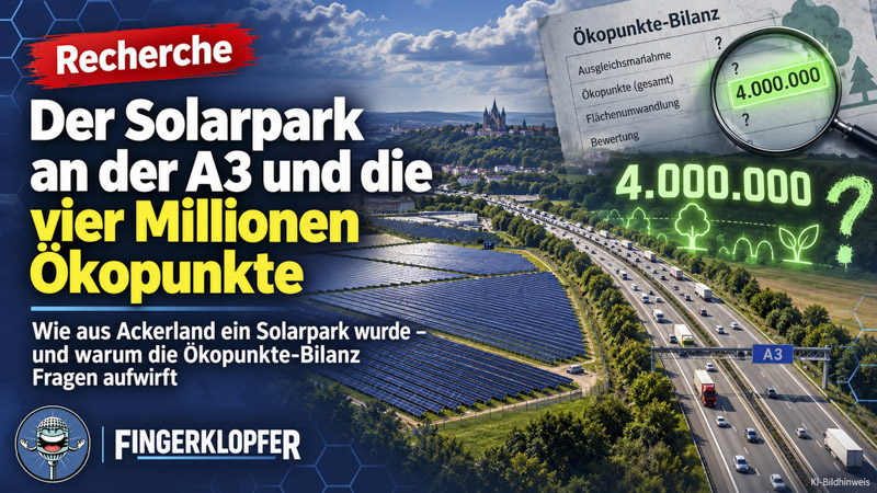 Grafik: Reihen von Solarmodulen auf einer Wiese neben Acker und Autobahn, dazu der Schriftzug Solarpark an der A3 und 4.041.337 Ökopunkte