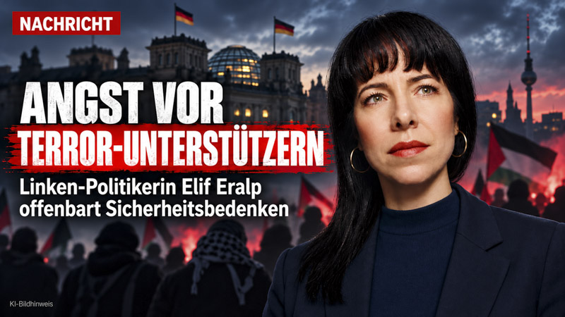 KI-generiertes Artikelbild mit einem Porträt von Elif Eralp vor dem Berliner Reichstag, einer Demonstrationsszene und der Schlagzeile „Angst vor Terror-Unterstützern“.