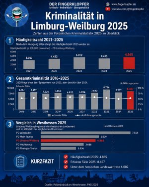 2025 stieg die Kriminalität in Limburg-Weilburg wieder an, blieb aber unter dem hessischen Landesdurchschnitt. (Quelle: Hessische Kriminalitätsstatistik)