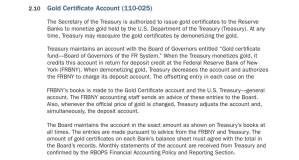 Financial Accounting Manual for Federal Reserve Banks, Kapitel 1 „Balance Sheet“, Abschnitt 2.10 „Gold Certificate Account (110-025)“ der Federal Reserve, Januar 2026