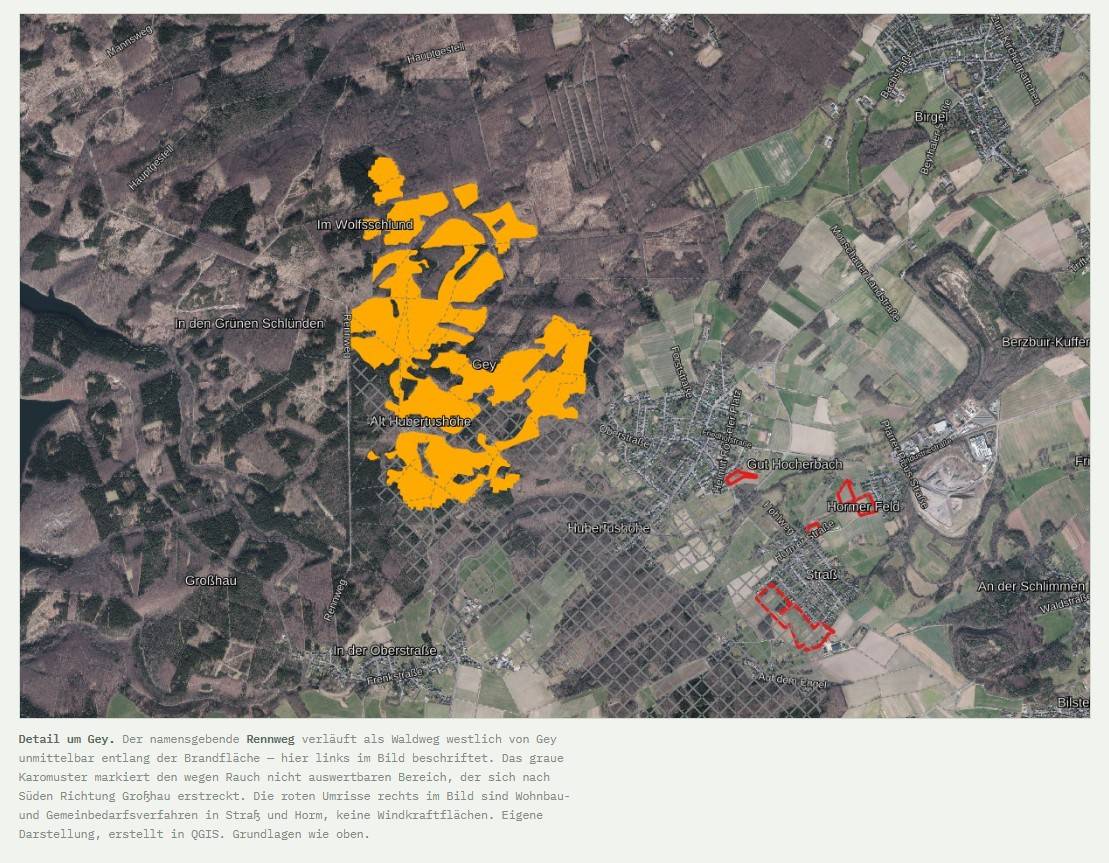 Detailkarte um Gey: orange die kartierte Brandfläche, links davon der als Rennweg beschriftete Waldweg.