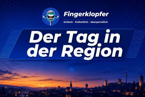 Rubrikbild Der Tag in der Region: Abendhimmel über einer Stadtsilhouette am Fluss mit Kirche, Burg und Fernsehturm, dazu das Fingerklopfer-Logo