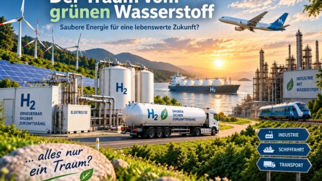 KI-Illustration: Windräder, Solarfelder, eine Elektrolyseanlage mit Wasserstofftanks, ein Tanklaster, ein Schiff, ein Zug und ein Flugzeug mit der Aufschrift H2. Schrift: Der Traum vom grünen Wasserstoff – Saubere Energie für eine lebenswerte Zukunft? … alles nur ein Traum?