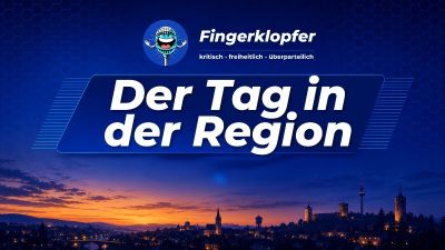 Rubrikbild Der Tag in der Region: Abendhimmel über einer Stadtsilhouette am Fluss mit Kirche, Burg und Fernsehturm, dazu das Fingerklopfer-Logo