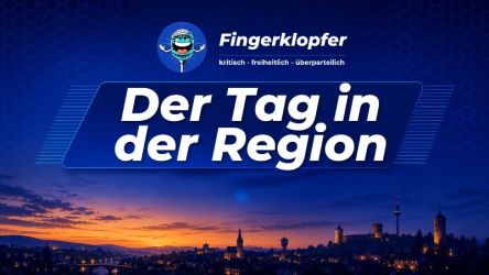 Rubrikbild Der Tag in der Region: Abendhimmel über einer Stadtsilhouette am Fluss mit Kirche, Burg und Fernsehturm, dazu das Fingerklopfer-Logo