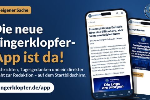 Zwei Smartphones mit der Fingerklopfer-App, daneben der Schriftzug: Die neue Fingerklopfer-App ist da! – fingerklopfer.de/app