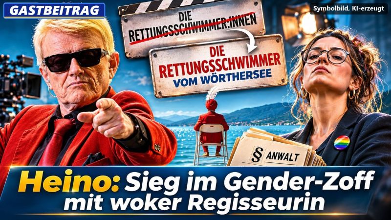 Symbolbild, KI-erzeugt: Links ein blonder Mann mit Sonnenbrille und rotem Sakko, der auf den Betrachter zeigt, rechts eine Frau mit Brille, Regenbogen-Anstecker und Akten mit der Aufschrift „§ Anwalt“. Dazwischen zwei Schilder: „Die Rettungsschwimmer:innen“ durchgestrichen, darunter „Die Rettungsschwimmer vom Wörthersee“, im Hintergrund ein See mit Rettungsschwimmer auf dem Hochstuhl. Unten der Schriftzug „Heino: Sieg im Gender-Zoff mit woker Regisseurin“, oben links das Etikett „Gastbeitrag“, oben rechts „Symbolbild, KI-erzeugt“.