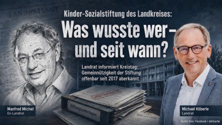 Ex-Landrat Manfred Michel (KI-generiertes Symbolbild) und Landrat Michael Köberle (Quelle: Facebook https://www.facebook.com/mkfuerlw/)