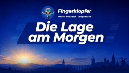 Rubrikbild Die Lage am Morgen: Sonnenaufgang über einer Landschaftssilhouette mit Kirche, Viadukt, Burg und Windmühle, dazu das Fingerklopfer-Logo