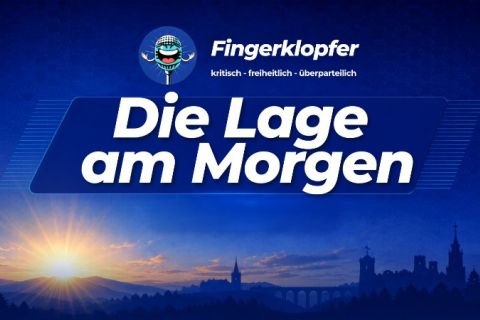 Rubrikbild Die Lage am Morgen: Sonnenaufgang über einer Landschaftssilhouette mit Kirche, Viadukt, Burg und Windmühle, dazu das Fingerklopfer-Logo