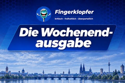 Rubrikbild Die Wochenendausgabe: Schriftzug auf blauem Band über einer Stadtsilhouette am Fluss mit Kirchtürmen, Steinbrücke und Fernsehturm, dazu das Fingerklopfer-Logo