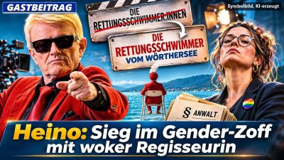 Symbolbild, KI-erzeugt: Links ein blonder Mann mit Sonnenbrille und rotem Sakko, der auf den Betrachter zeigt, rechts eine Frau mit Brille, Regenbogen-Anstecker und Akten mit der Aufschrift „§ Anwalt“. Dazwischen zwei Schilder: „Die Rettungsschwimmer:innen“ durchgestrichen, darunter „Die Rettungsschwimmer vom Wörthersee“, im Hintergrund ein See mit Rettungsschwimmer auf dem Hochstuhl. Unten der Schriftzug „Heino: Sieg im Gender-Zoff mit woker Regisseurin“, oben links das Etikett „Gastbeitrag“, oben rechts „Symbolbild, KI-erzeugt“.