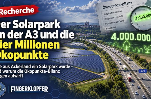 Grafik: Reihen von Solarmodulen auf einer Wiese neben Acker und Autobahn, dazu der Schriftzug Solarpark an der A3 und 4.041.337 Ökopunkte